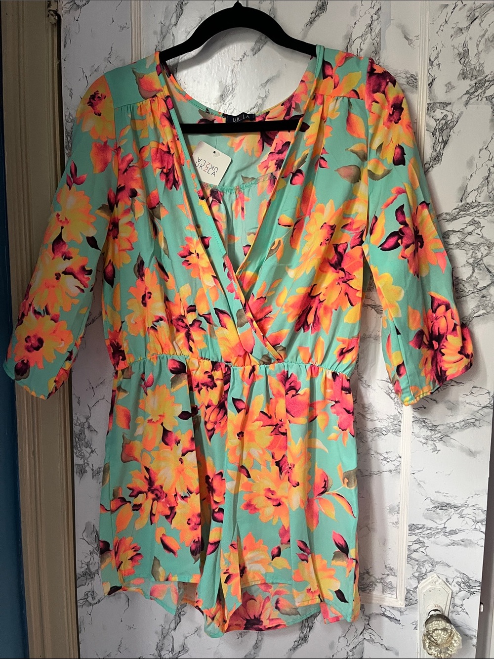 UK2LA Floral Mint Romper with Yellow & Pink Flowers
